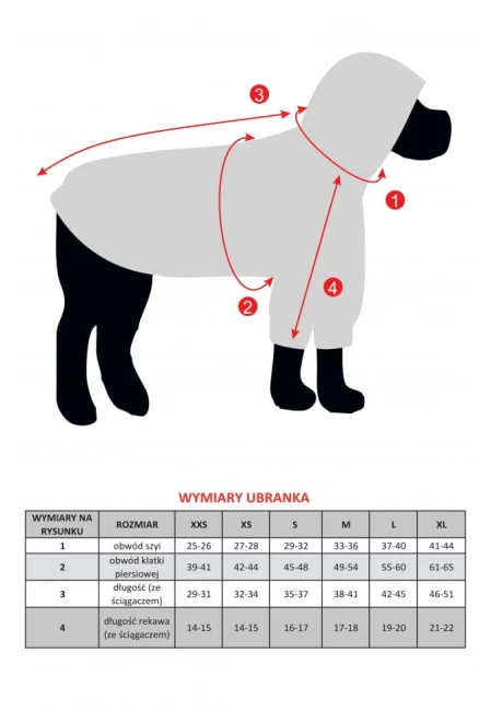 Bluza dla psa Hoodie Dog Grey, tabela rozmiarów